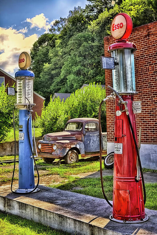 Antique Poster featuring the photograph Old Time Vintage Gas Pumps by Dan Carmichael