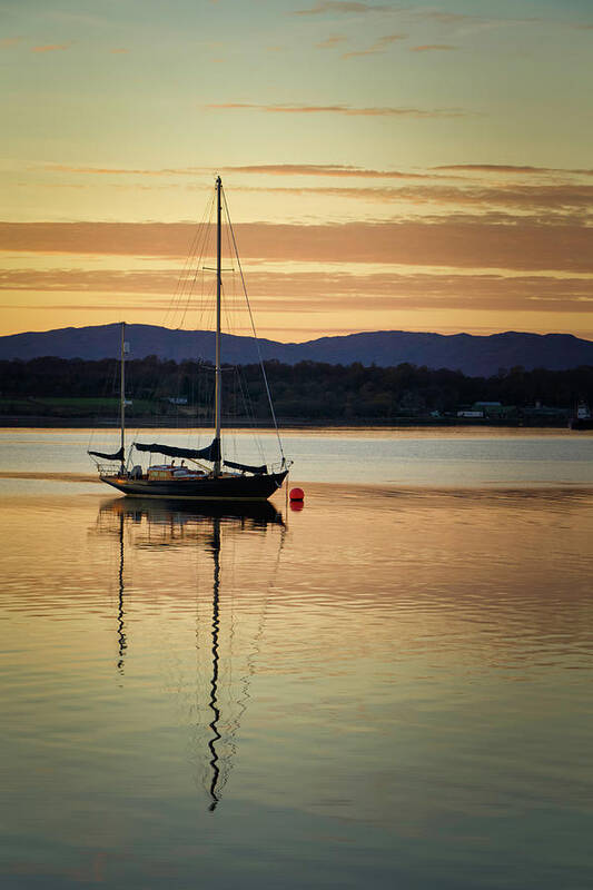 Blue Poster featuring the photograph Boat On A Lake at Sunset by Rick Deacon