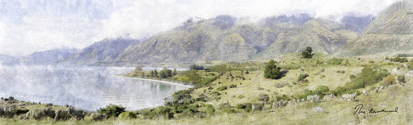 Lake Wakatipu Poster featuring the pastel Lake Wakatipu #15 by Tim Mulholland