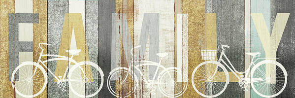 Bicycles Poster featuring the painting Beachscape Bicycle Family Gold Neutral by Michael Mullan
