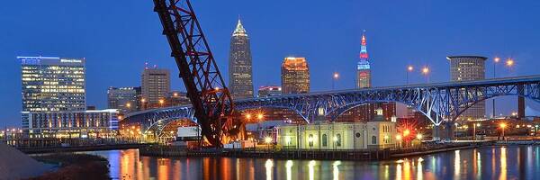 Cleveland Poster featuring the photograph Cleveland Blue Hour Panoramic by Frozen in Time Fine Art Photography