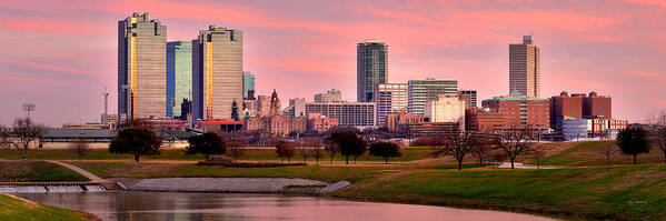 Fort Worth Skyline Poster featuring the photograph Fort Worth Skyline at Dusk Evening Color Evening Panorama Ft Worth Texas by Jon Holiday