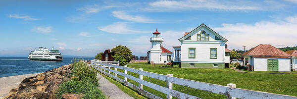 Photography Poster featuring the photograph Lighthouse With Ferry by Panoramic Images