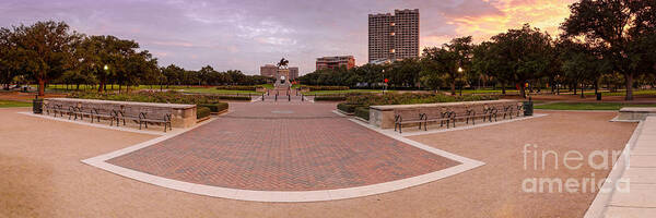 City Of Houston Poster featuring the photograph Panorama of Hermann Park with Sam Houston Statue at Sunrise - Museum District Houston Texas by Silvio Ligutti