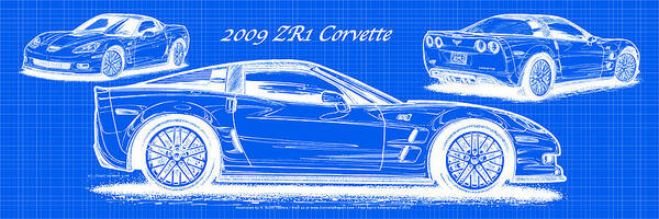 2009 Zr1 Corvette Poster featuring the digital art 2009 C6 ZR1 Corvette Blueprint #1 by K Scott Teeters