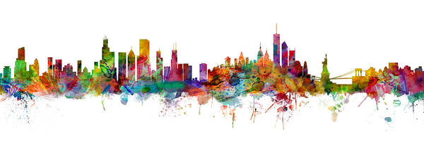 Chicago Poster featuring the digital art Chicago And New York City Skylines Mashup by Michael Tompsett
