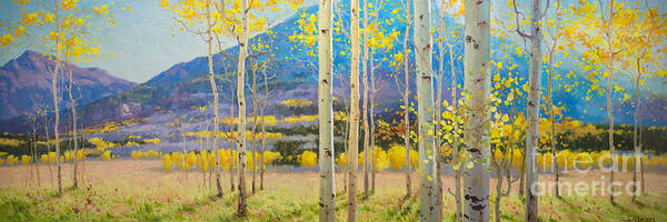 Panorama View Maroon Bells National Park In Falls Aspen Colorado Aspen Trees Birch Autumn Gary Kim Oil Print Art Nature Scenes Hospital Healing Santa Fe Fall Trees Autumn Season Beautiful Beauty Yellow Red Orange Fall Leaves Foliage Autumn Leaf Color Mountain Oil Painting Original Art Horizontal Landscape Park America Morning Nature Panoramic Peaceful Scenic Sky Sun Travel Vacation View Season Bright Autumn National Park America Clouds Landscape Natural Painting Oil Original Vibrant Blue Sky Poster featuring the painting Maroon Bells #2 by Gary Kim