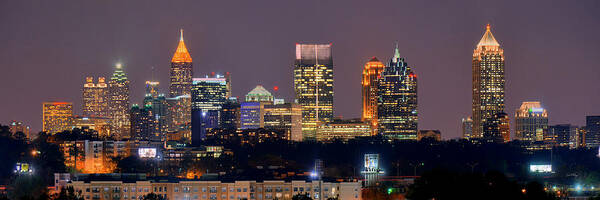 Atlanta Poster featuring the photograph Atlanta Skyline at Night Downtown Midtown Color Panorama by Jon Holiday
