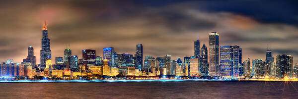 Chicago Poster featuring the photograph Chicago Skyline at NIGHT Panorama Color 1 to 3 Ratio by Jon Holiday