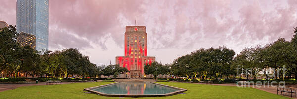 Downtown Poster featuring the photograph Dawn Panorama of Houston City Hall at Hermann Square - Downtown Houston Harris County by Silvio Ligutti