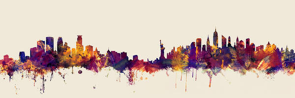 Minneapolis Poster featuring the digital art Minneapolis and New York Skylines Mashup by Michael Tompsett