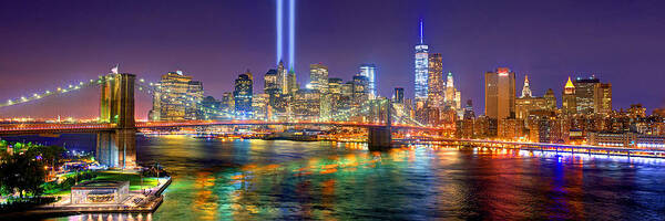 New York City Skyline Night Poster featuring the photograph New York City Brooklyn Bridge Tribute in Lights Freedom Tower World Trade Center WTC Manhattan NYC by Jon Holiday