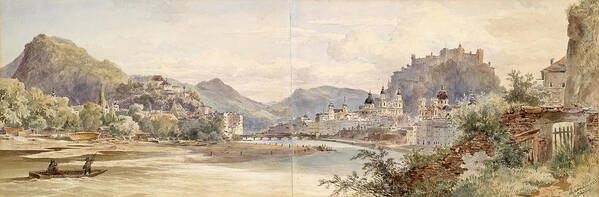 Anton Altmann The Younger Poster featuring the drawing Panorama of the city of Salzburg with the Fortress Hohensalzburg by Anton Altmann the Younger