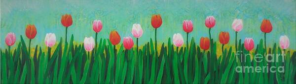 Tulips Poster featuring the painting Row of tulips by Cami Lee