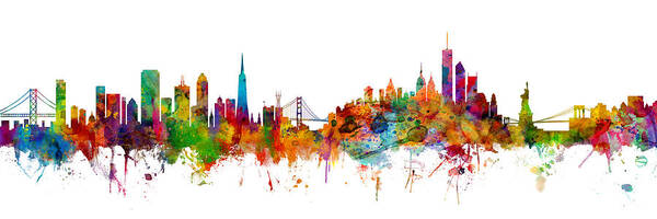 San Francisco Poster featuring the digital art San Francisco New York Skyline Mashup by Michael Tompsett