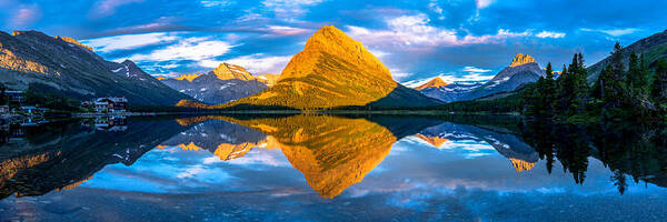 Glacier National Park Poster featuring the photograph Swiftcurrent Lake Sunrise Panorama by Dustin LeFevre