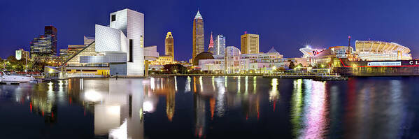 Cleveland Skyline Poster featuring the photograph Cleveland Skyline at Dusk Rock Roll Hall Fame by Jon Holiday