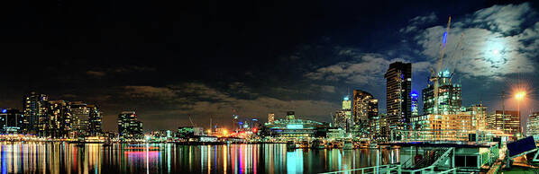 Panoramic Poster featuring the photograph Docklands Moonlight Panorama by Kai O'yang