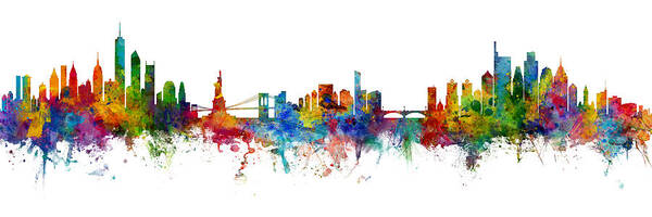 New York Poster featuring the digital art New York and Philadelphia Skylines Mashup by Michael Tompsett