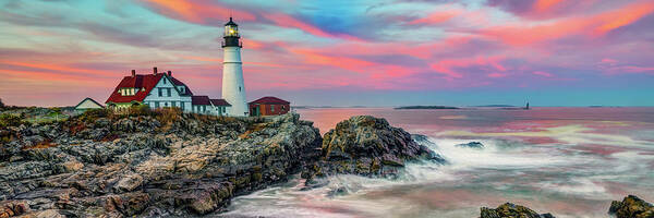 Portland Head Light Poster featuring the photograph Panoramic View of Portland Head Light at Sunset by Gregory Ballos