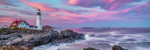 America Poster featuring the photograph Portland Head Light at Sunset Panorama - Cape Elizabeth Maine by Gregory Ballos