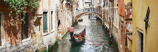 Gondoliere Poster featuring the photograph Dsc8016 - Gondoliere canale muro giallo, Venezia by Marco Missiaja