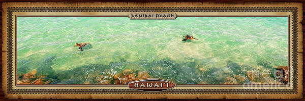 Lanikai Beach Poster featuring the photograph Lanikai Beach Two Sea Turtles Hawaiian Style Panoramic Photograph by Aloha Art