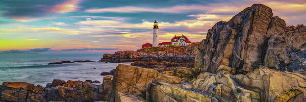 Portland Maine Poster featuring the photograph Lighthouse on Cape Elizabeth - Portland Maine Panorama by Gregory Ballos