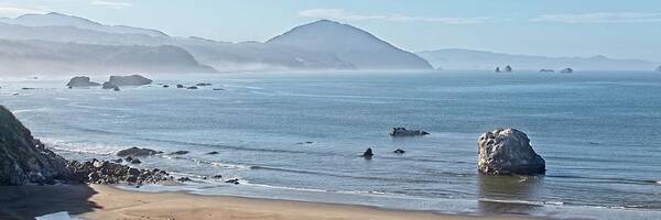 Bay Poster featuring the photograph Morning Fog Burning Off on Port Orford Beach by Loren Gilbert