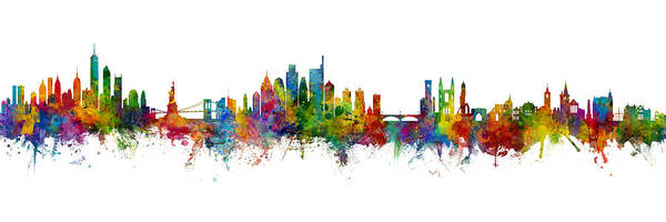 St Andrews Poster featuring the digital art New York, Philadelphia and St Andrews skylines mashup by Michael Tompsett