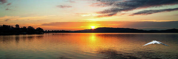 Sunrise Poster featuring the photograph Orange sunrise waterscape reflections panorama. by Geoff Childs