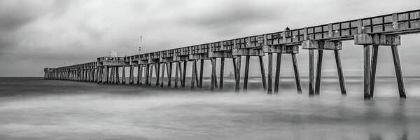 Panama City Beach Poster featuring the photograph PCB Russell Fields Pier Panorama - Black and White by Gregory Ballos