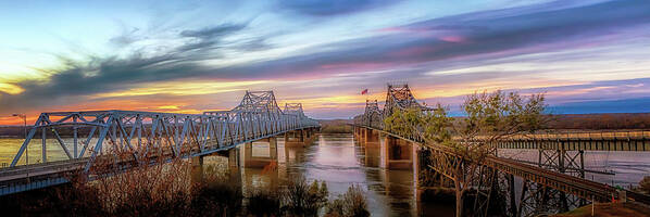 Sunset Poster featuring the photograph Vicksburg Bridges Sunset Panorama by Susan Rissi Tregoning