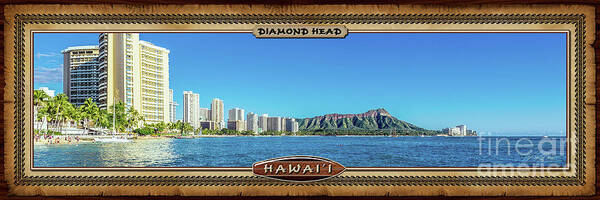 Diamond Head Poster featuring the photograph Waikiki and a Green Diamond Head State Monument Hawaiian Style Panoramic Photograph by Aloha Art