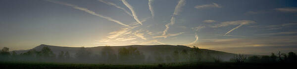 Digital Print Poster featuring the photograph Llangors panorama Wales Mists and vapour trails at dawn by Tony Mills