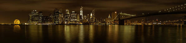 Brooklyn Poster featuring the photograph Manhattan from Brooklyn with the Brooklyn Bridge and full moon by Angela Stanton