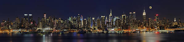 New York City Skyline Pano Poster featuring the photograph NYC Skyline Full Moon Panorama by Susan Candelario