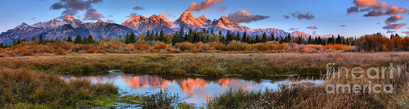 Teton Sunrise Poster featuring the photograph Morning Glow Panorama At Grand Teton by Adam Jewell