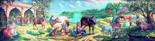 Krishna Poster featuring the painting Krishna Balaram milking cows by Vrindavan Das