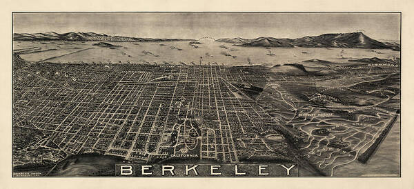 Berkeley Poster featuring the drawing Antique Map of Berkeley California by Charles Green - circa 1909 by Blue Monocle