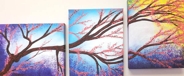 Asian Bloom Triptych Poster featuring the painting Asian Bloom Triptych by Darren Robinson