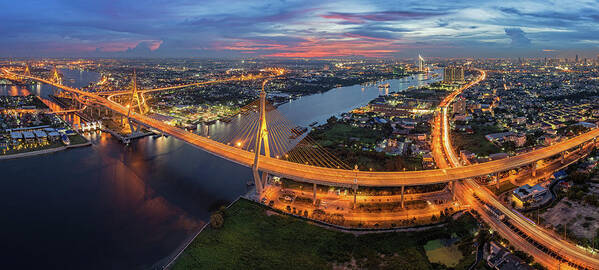 Bhumibol Bridge Poster featuring the photograph Bangkok Panorama by Weerakarn Satitniramai