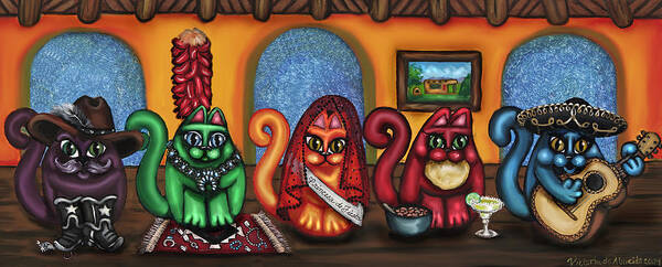 Folk Art Poster featuring the painting Fiesta Cats or Gatos de Santa Fe by Victoria De Almeida