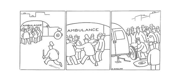 112027 Oso Otto Soglow Crowd Watching Ambulance Driver Change Tire. Ambulance Automobiles Autos Car Cars Change Cop Cops Crowd Dire Drive Driver Driving Effort Emergency Enforcement ?at Front Health Home Law Medical Need Nypd Of?cer Patients Police Policeman Policemen Quickly Ration Rationing Rubber Shortage Spare Speed Supplies Supply Tire Tires Two War Wartime Watching World Wwii Poster featuring the drawing New Yorker July 4th, 1942 by Otto Soglow