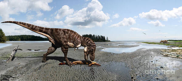 Dinosaur Poster featuring the digital art Tyrannosaurus enjoying seafood - wide format by Julius Csotonyi