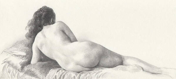 Nude Poster featuring the drawing Voluptuous Reclining Nude Luxuriating on Victorian Settee after Eakins by Scott Kirkman