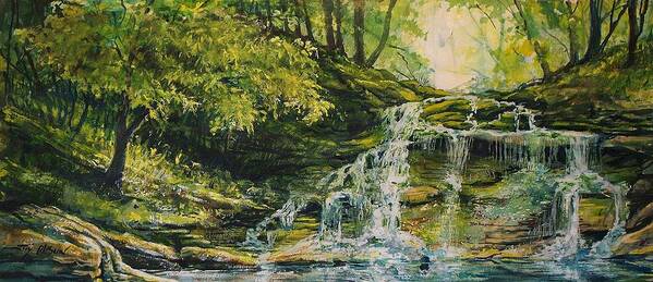 Waterfall In The Woods Poster featuring the painting Waterfall in the Woods by Joy Nichols