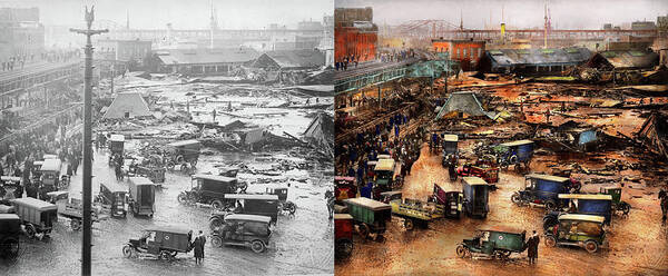 Self Poster featuring the photograph City - Boston Ma - The Great Molasses Flood 1919 - Side by Side by Mike Savad