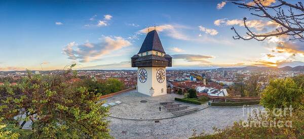 Aerial Poster featuring the photograph Graz Sunset Panorama by JR Photography