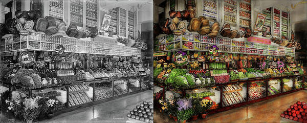 Self Poster featuring the photograph Grocery - Edward Neumann - The produce section 1905 Side by Side by Mike Savad